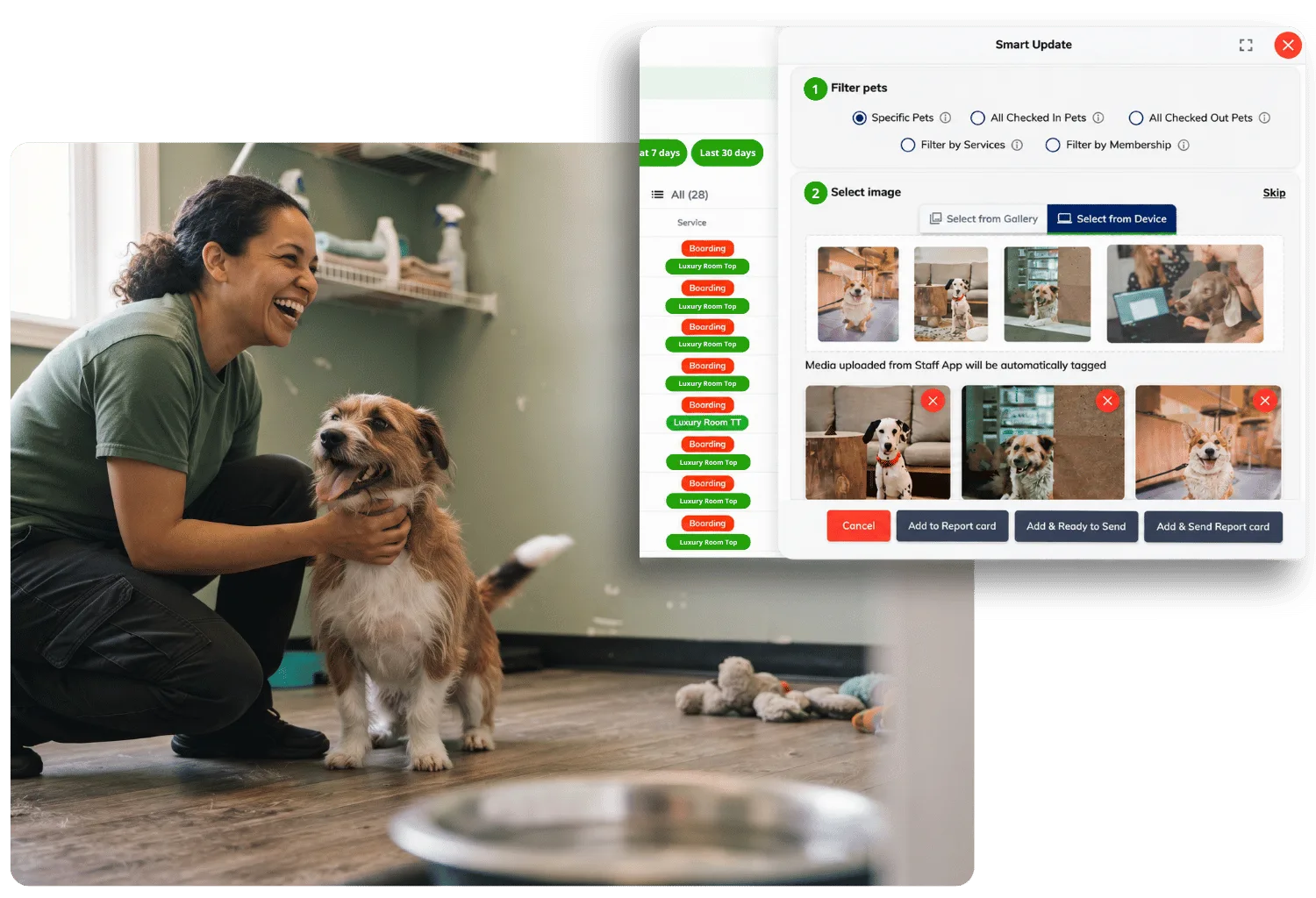 Smart Update dialog for filtering pets and adding tagged photos to report cards, beside a laughing staff member crouching to pet a happy scruffy dog