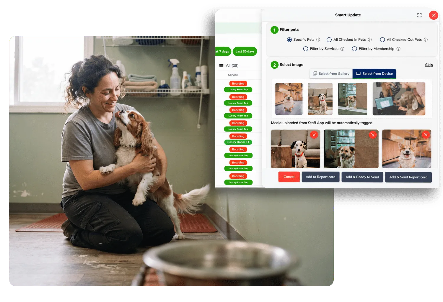 Smart Update dialog for filtering pets and adding tagged photos to report cards, beside a smiling staff member kneeling to hug a Cavalier King Charles spaniel