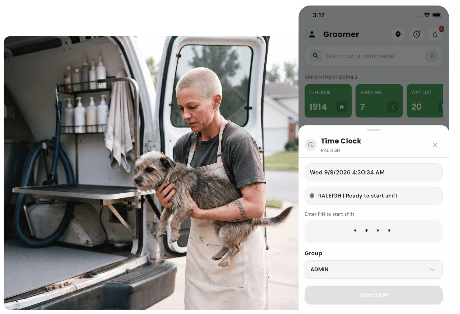 StaffApp+ Time Clock sheet for starting a shift with a PIN over the groomer home screen, beside a groomer carrying a scruffy dog