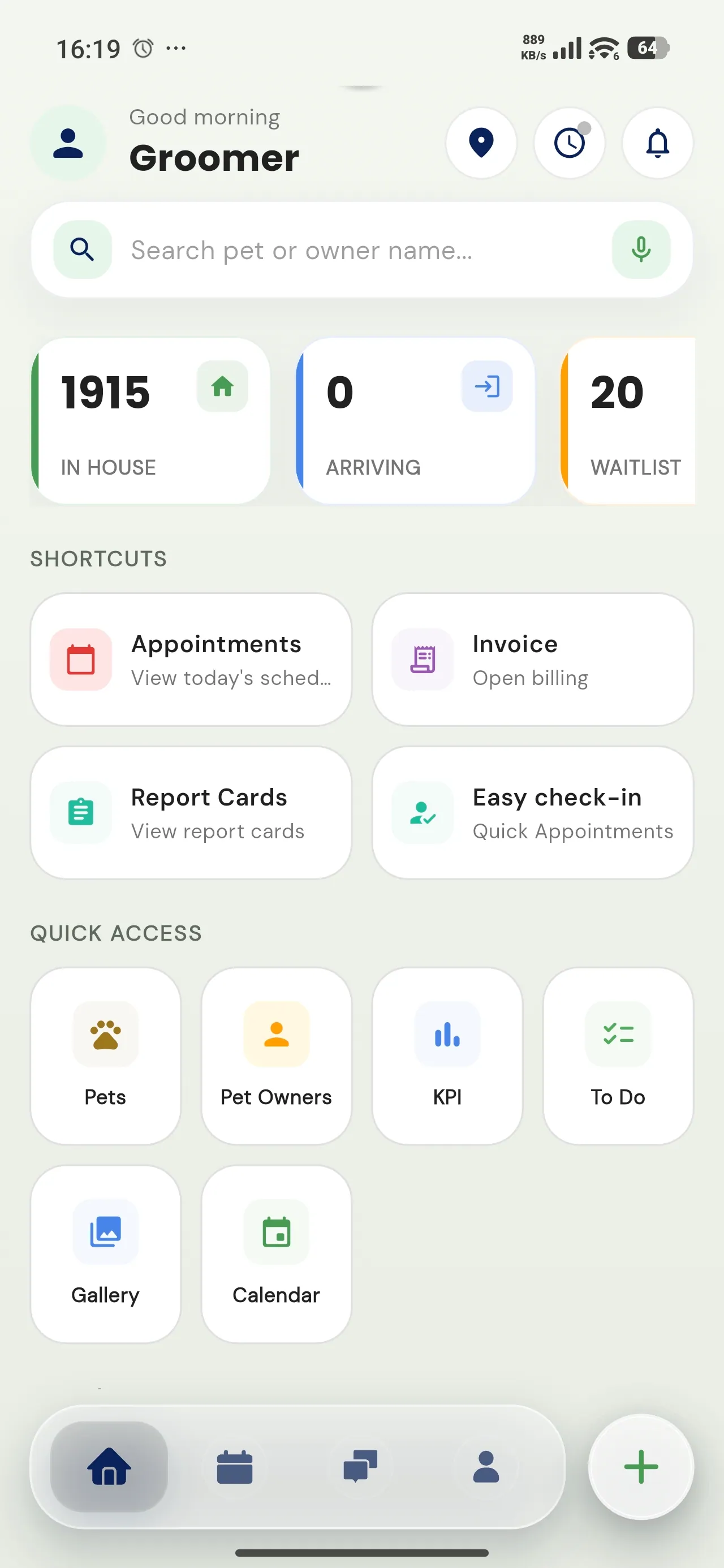 StaffApp+ for Groomers home screen