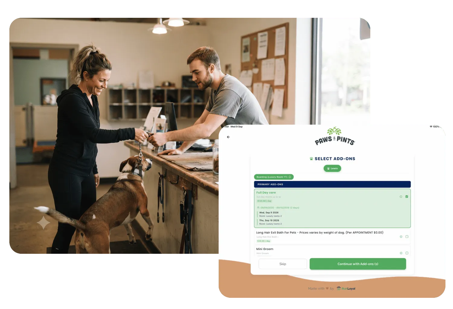 Kiosk add-ons screen with Full Day care selected for a boarding stay, beside a pet parent handing her dog's leash to a staff member at the front counter