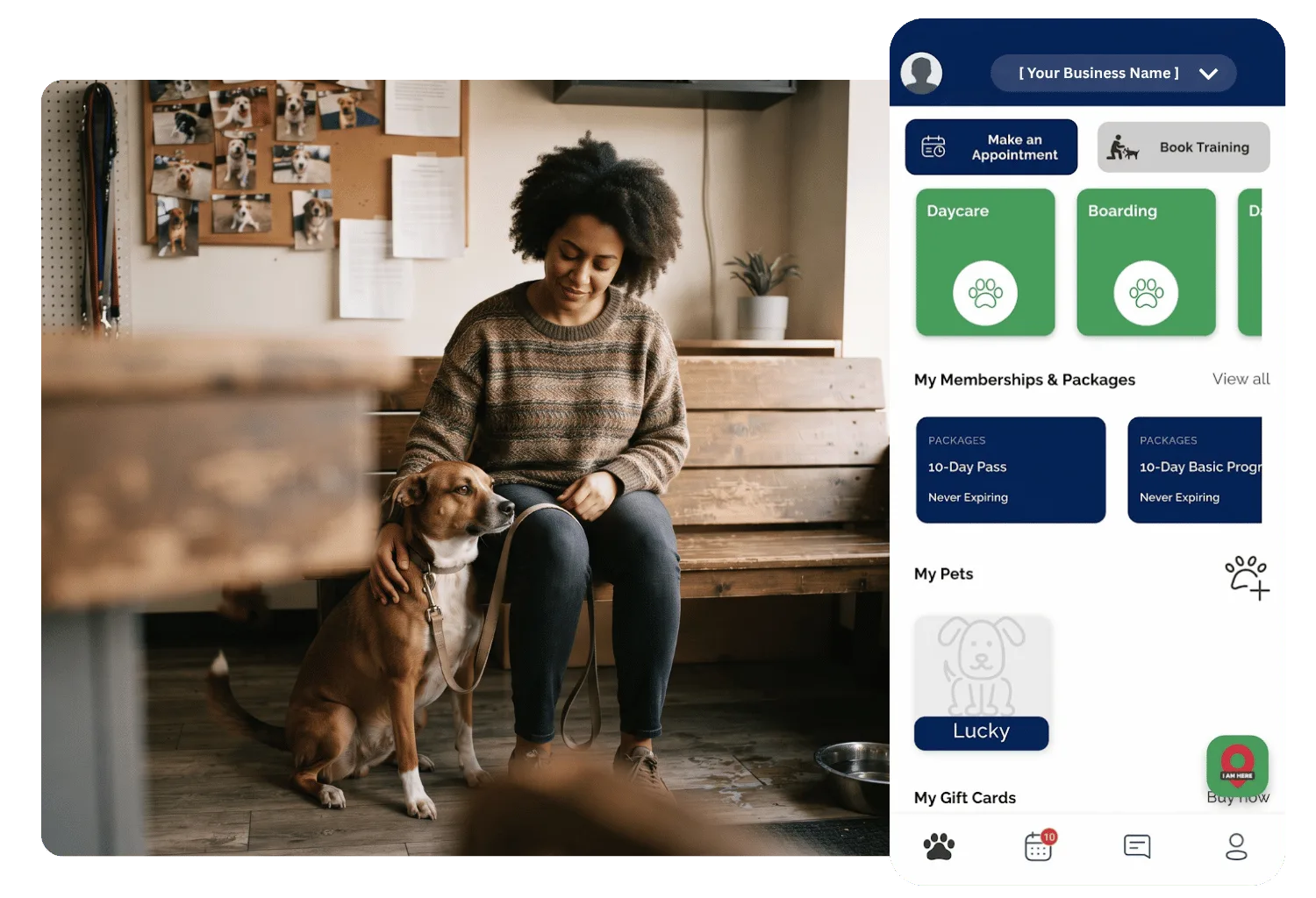 Branded pet parent app home screen with appointment booking, service tiles, packages, and pets, beside a woman sitting on a lobby bench with her leashed dog