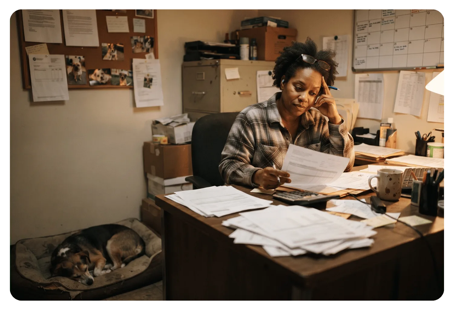 Pet care business owner frowning over stacks of paper invoices and a calculator at a cluttered office desk while her dog sleeps nearby
