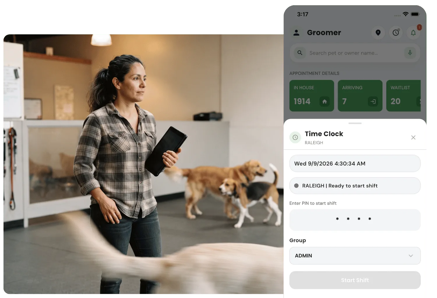 StaffApp+ Time Clock sheet for starting a shift with a PIN, beside a staff member holding a tablet in a daycare play room as dogs walk by