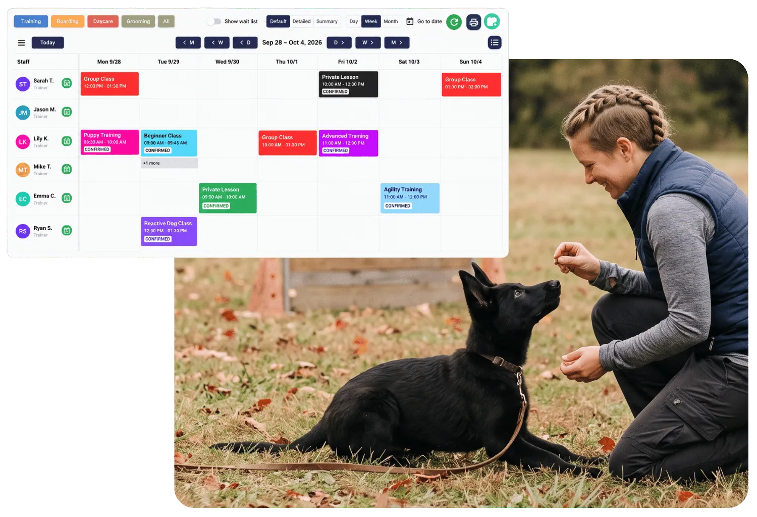 Weekly trainer calendar with group classes and private lessons, beside a trainer working with a dog