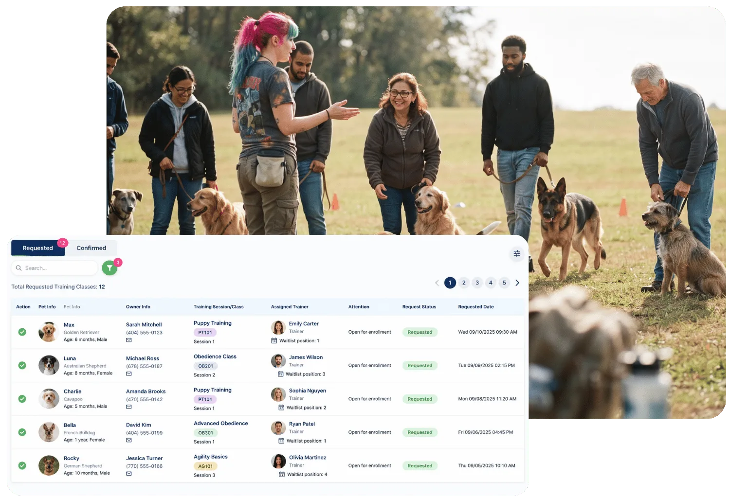 Requested training classes list showing each pet, owner, class, assigned trainer, and waitlist position, below a trainer leading an outdoor group class with owners and their leashed dogs