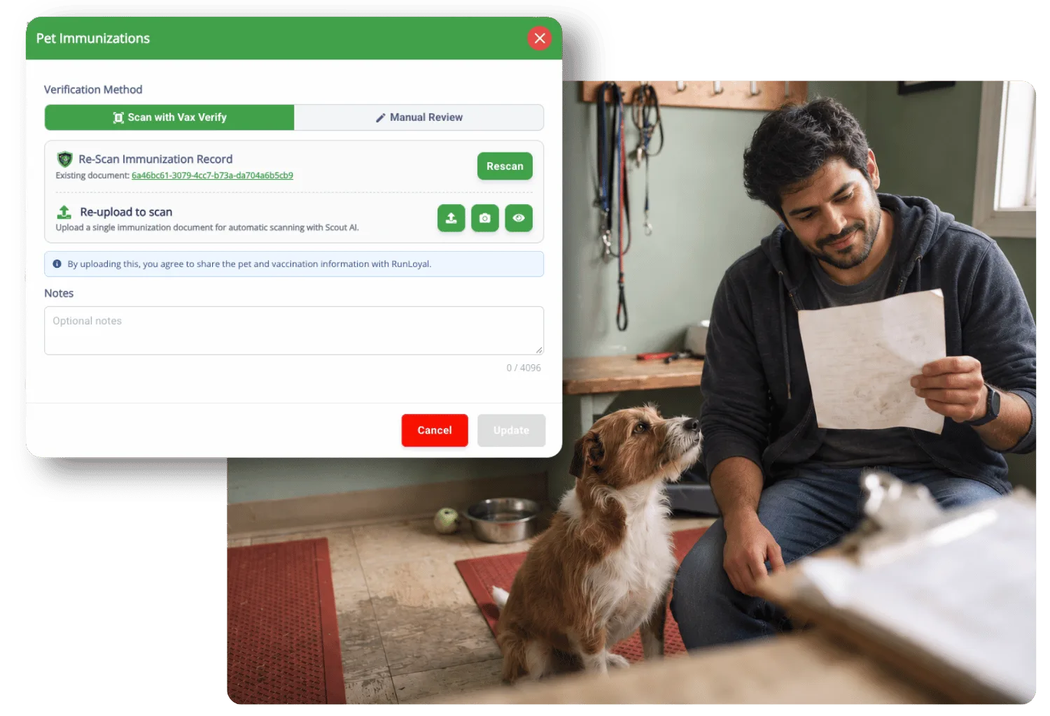 Pet Immunizations dialog with Scan with Vax Verify selected and options to rescan or re-upload a record, beside a staff member reading a paper vet record as a scruffy dog looks up at him