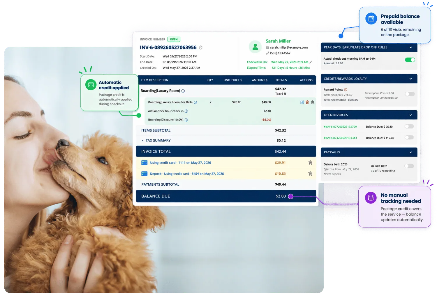 Packages view showing a customer's prepaid balance and a credit applied automatically at checkout