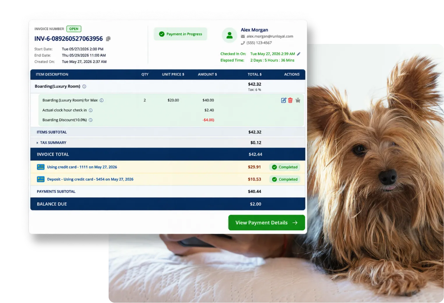 Invoice showing a deposit and card payment completed, with a Yorkie on the bed