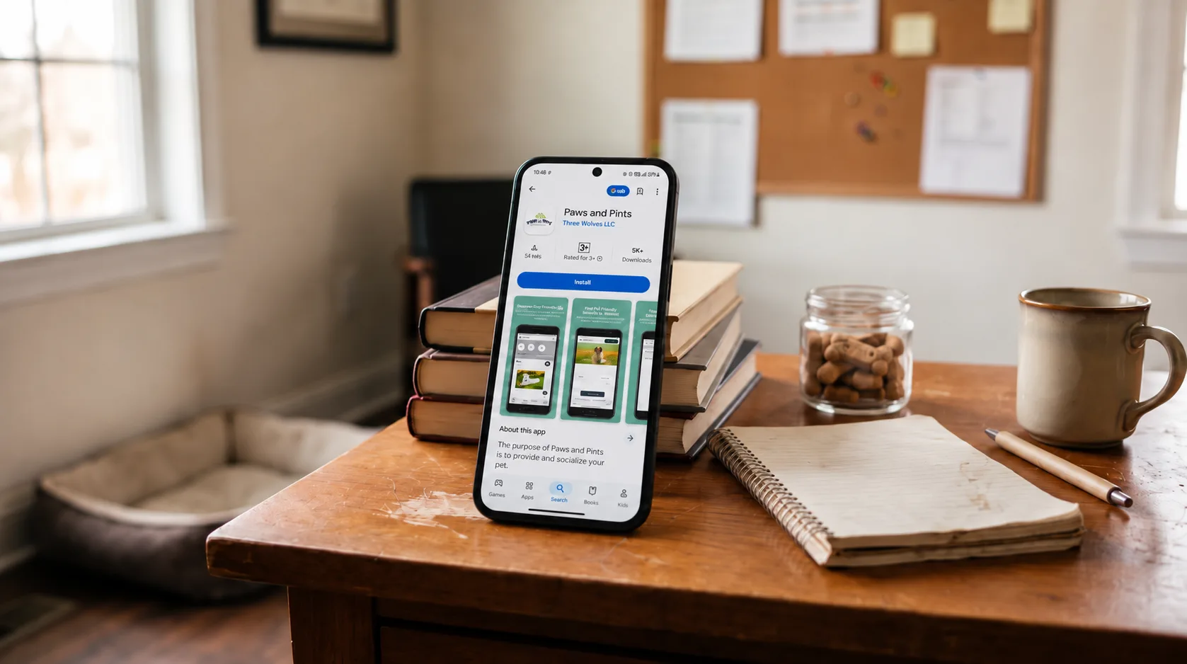 A phone propped against a stack of books on a pet care office desk