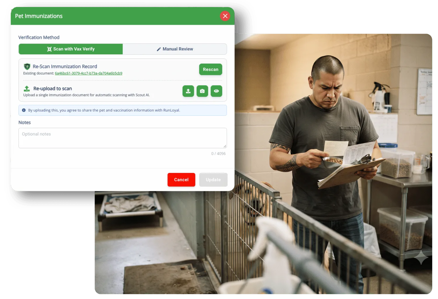 Pet Immunizations dialog with Scan with Vax Verify selected and options to rescan or re-upload a record, beside a kennel staff member checking a feeding chart while measuring food beside a dog's run