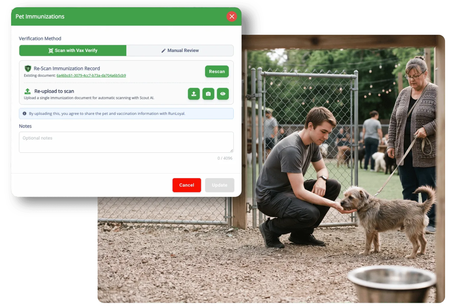 Pet Immunizations dialog with Scan with Vax Verify selected and options to rescan or re-upload a record, beside a staff member greeting a leashed dog at a dog park gate