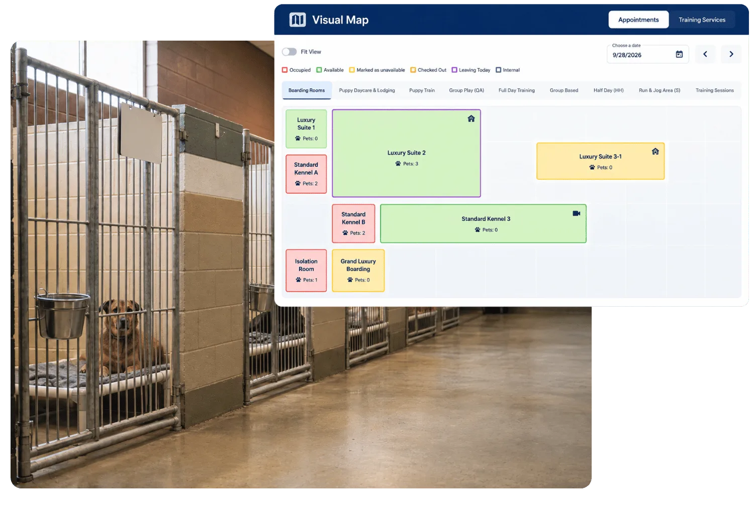Visual Map screen showing boarding rooms and kennels color-coded by occupied, available, and unavailable status with pet counts, layered over a kennel hallway with a dog resting in its run