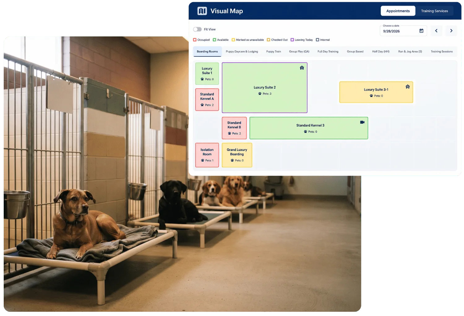 Visual Map of boarding rooms and kennels with occupancy status