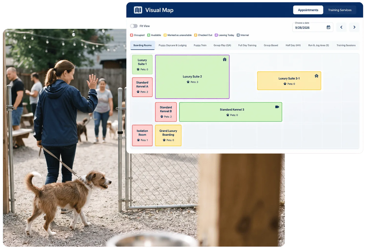 Visual Map showing rooms and areas color-coded by occupancy, beside a photo of a staff member walking a dog into the yard
