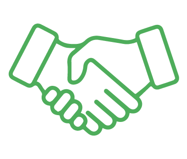 Green outline of two hands shaking, symbolizing trust and cooperation in pet care.