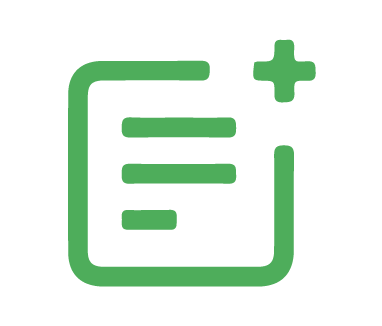 A green icon featuring a square with rounded edges, containing three horizontal lines and a plus sign in the top right corner, perfect for navigating dog daycare or pet care services.