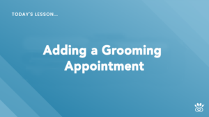 Blue slide with the text "Today's Lesson... Adding a Grooming Appointment" and a small paw print icon in the bottom right corner, part of the RunLoyal Academy step-by-step video tutorials.
