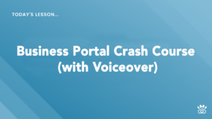 Slide displaying the title "Business Portal Crash Course (with Voiceover)" with a blue gradient background. The top left corner has the text "Today's Lesson...". Join us at RunLoyal Academy for step-by-step tutorials and elevate your business knowledge today!