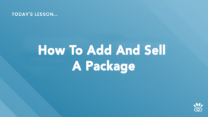 Blue slide with white text reading "Today's Lesson... How To Add And Sell A Package," and a small logo at the bottom right corner, part of RunLoyal Academy's comprehensive video tutorials.