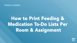 Slide text: "Today's Lesson... How to Print Feeding & Medication To-Do Lists Per Room & Assignment", with a blue background featuring resources from RunLoyal Academy and step-by-step video tutorials.