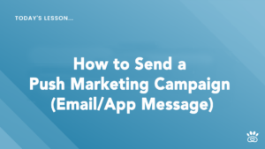 A blue slide with white text stating, "Today's Lesson... How to Send a Push Marketing Campaign (Email/App Message)." The slide features an icon of a paw print in the bottom-right corner. This is part of RunLoyal Academy's Step-By-Step Video Tutorials.