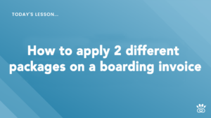 A slide with the text "Today's Lesson: How to apply 2 different packages on a boarding invoice" against a blue background, brought to you by RunLoyal Academy's step-by-step video tutorials.
