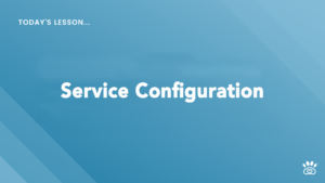 Slide with text "Today's Lesson... Service Configuration" on a blue gradient background, featuring a small icon of interconnected nodes at the bottom right. Discover step-by-step tutorials from RunLoyal Academy to master complex configurations effortlessly.