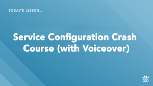 Slide displaying text: "Today's Lesson... Service Configuration Crash Course (with Voiceover)" against a blue gradient background, brought to you by RunLoyal Academy.