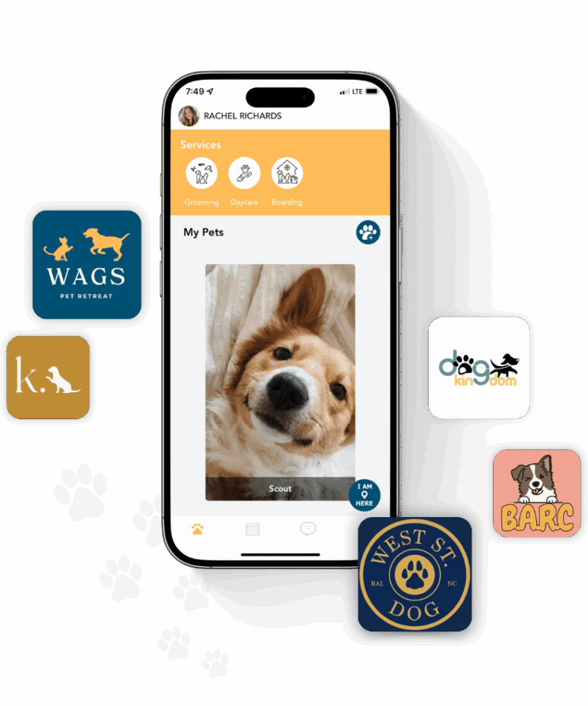A smartphone displays a pet care app featuring a dog's picture. Surrounding it are logos of pet service providers, paw print graphics, and the RunLoyal branding, showcasing comprehensive pet care software solutions at your fingertips.