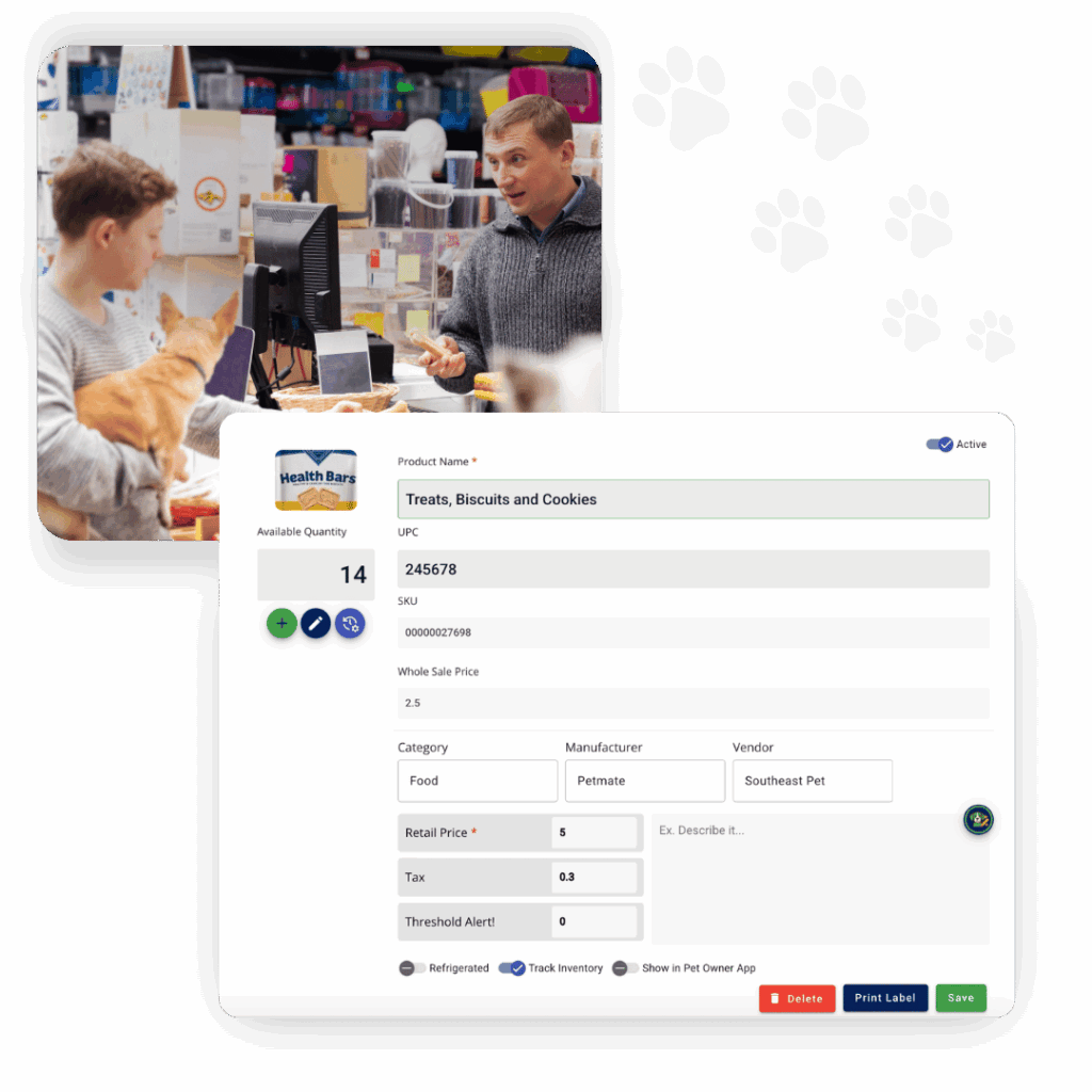 A man speaks to a cashier holding a cat in a pet store; below, a computer screen running All-in-One Dog Boarding Software displays a product inventory entry for treats, biscuits, and cookies.