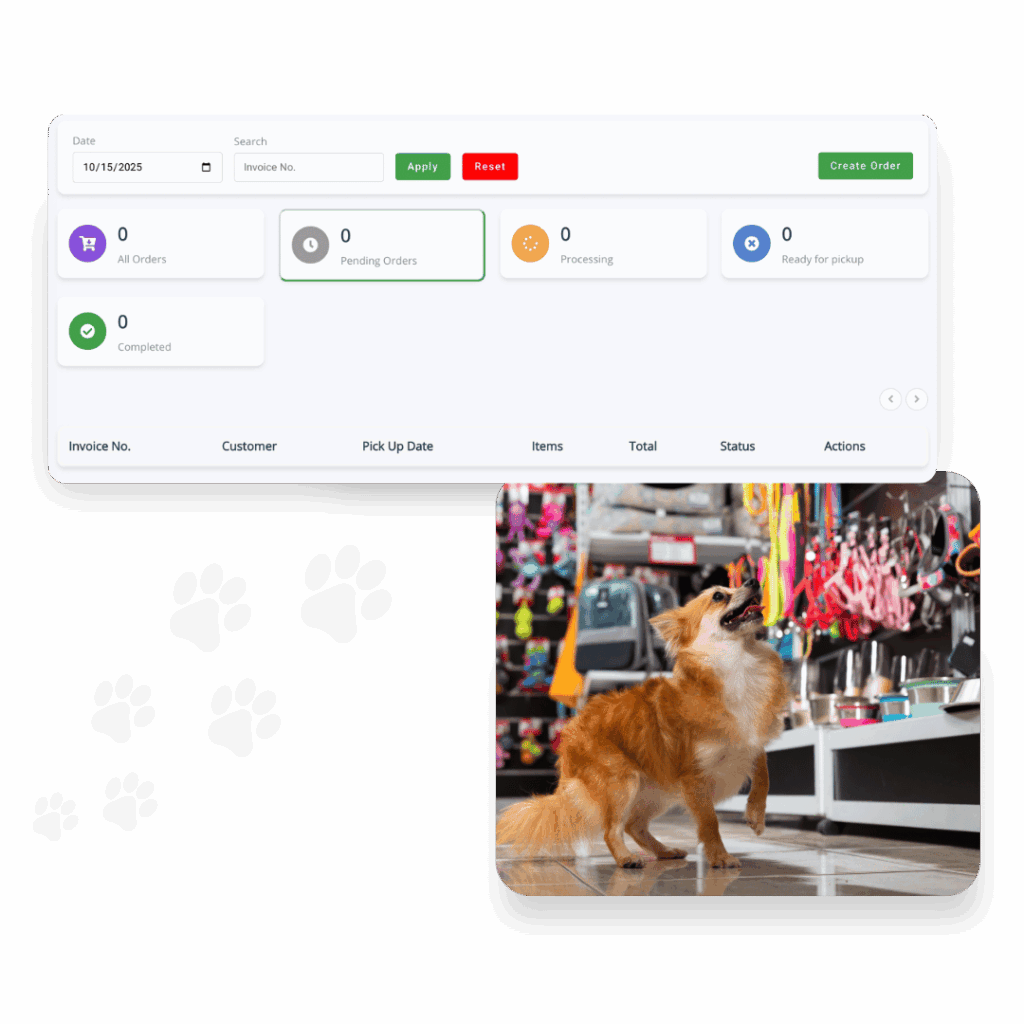 Screenshot of an All-in-One Dog Boarding Software pet order management dashboard above a photo of a small dog standing in a pet store aisle.