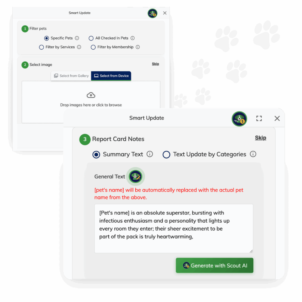 Screenshot of an All-in-One Dog Boarding Software interface showing options to filter pets, select images, and generate personalized report card notes using AI.