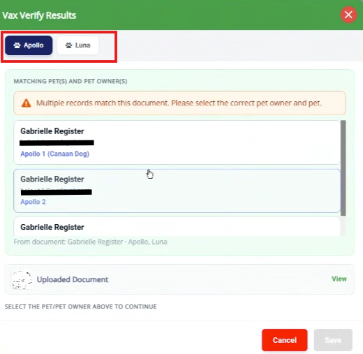 ScoutAI Vax Verify — Multi-Pet Document Support in Portal