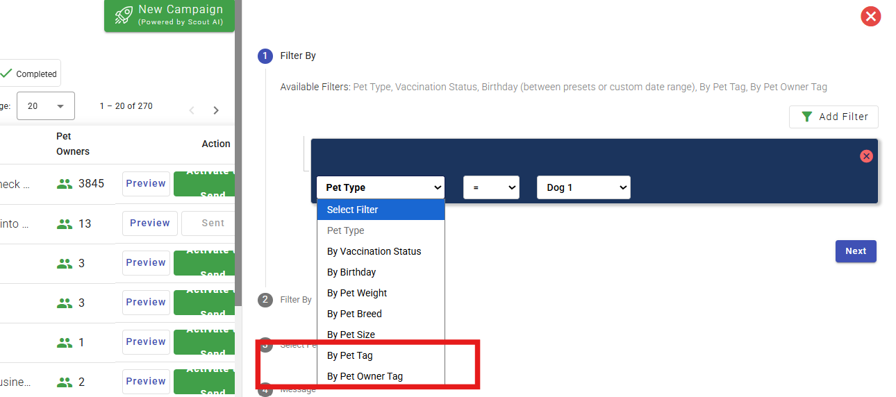 Push Marketing — Copy option and New Filter Options: Pet Tag & Pet Owner Tag