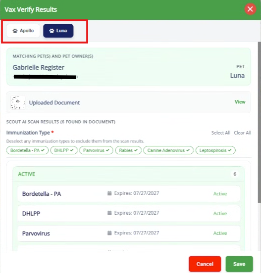 ScoutAI Vax Verify — Multi-Pet Document Support in Portal