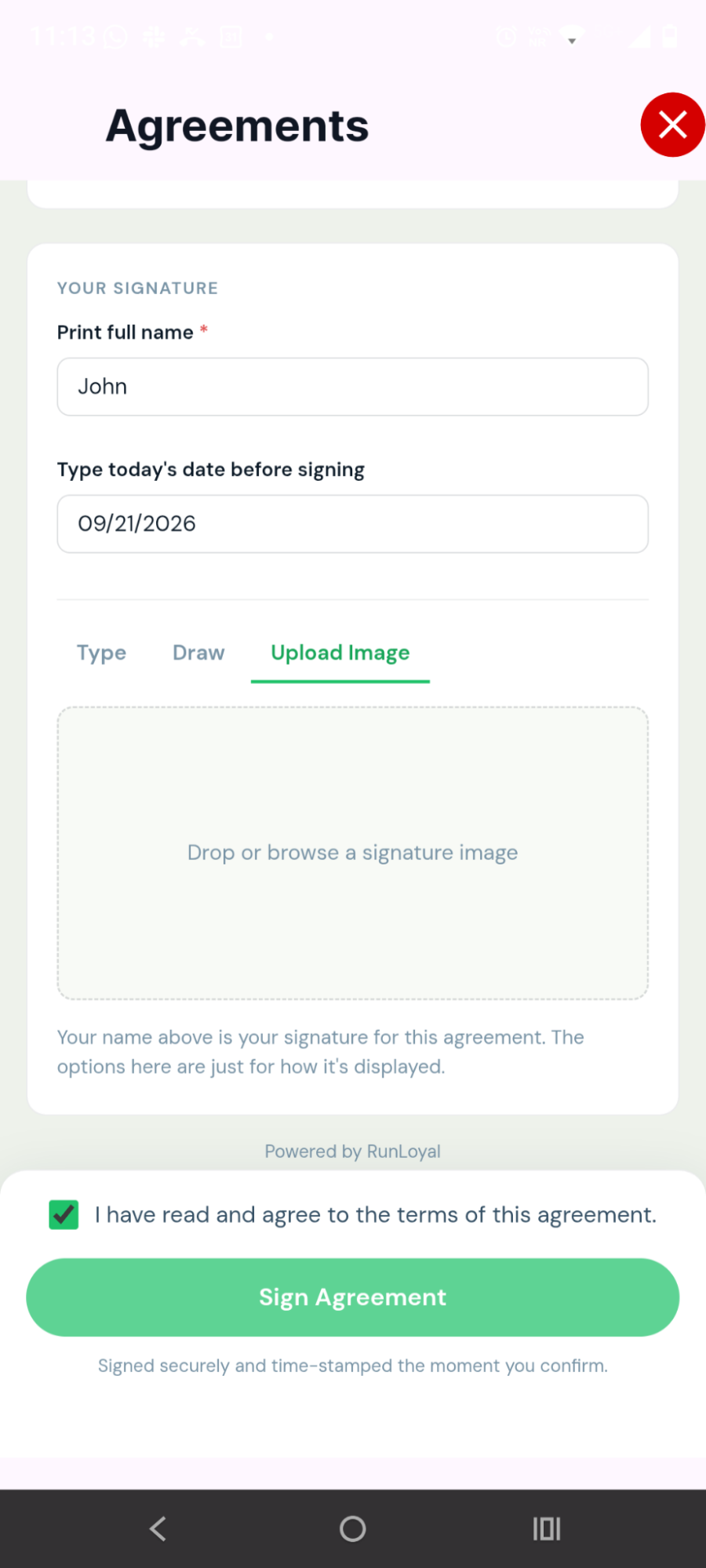 Signed agreement with date, time, and IP address