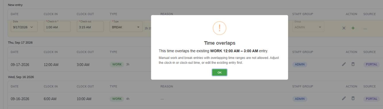 Time overlaps message on a manual timesheet entry