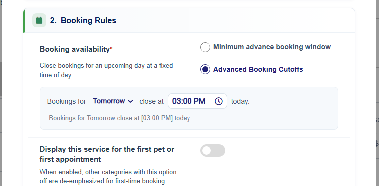 Booking Rules — minimum advance booking window