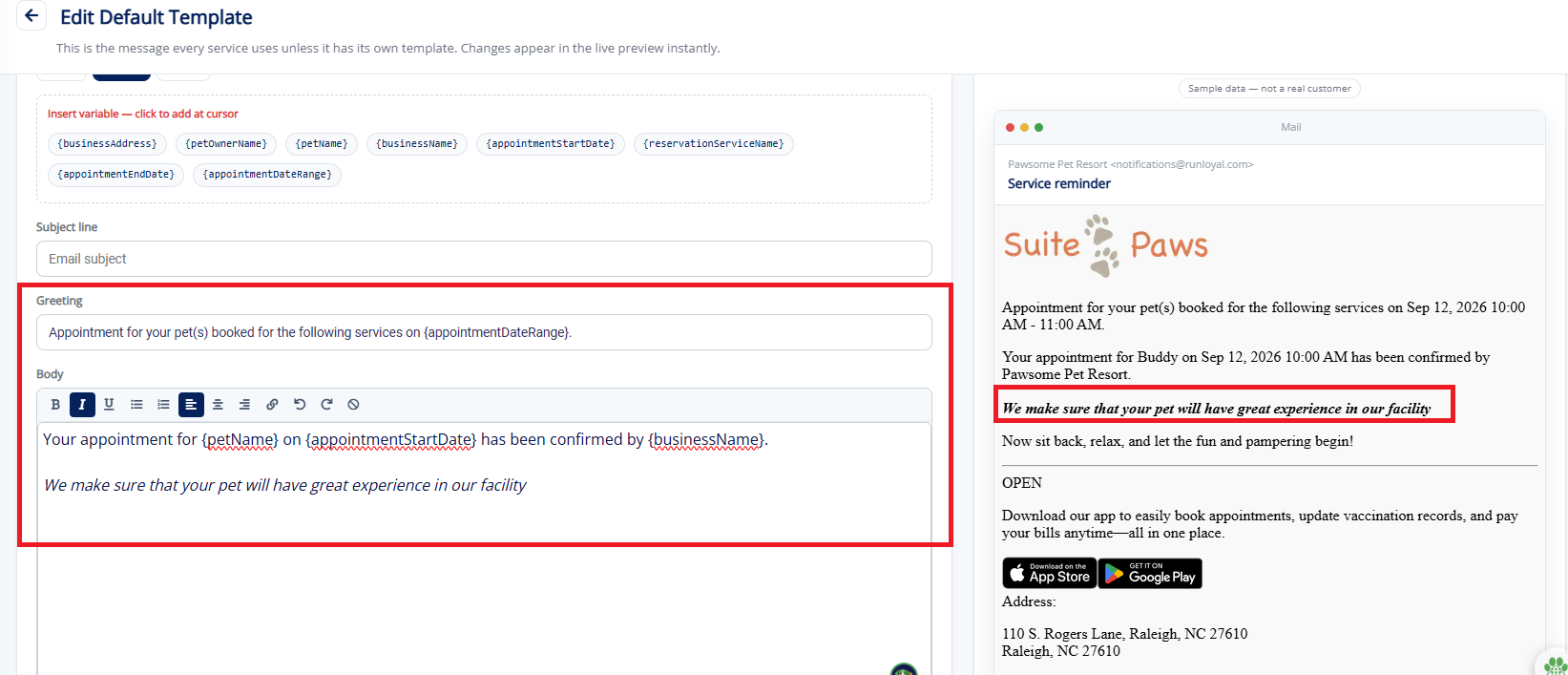 Notification template content and attachments