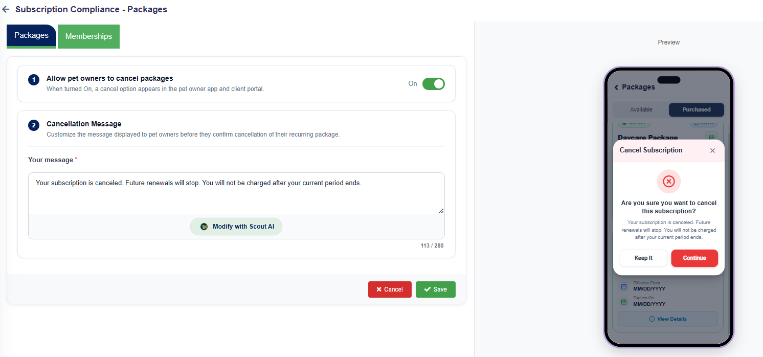 Cancellation message configuration