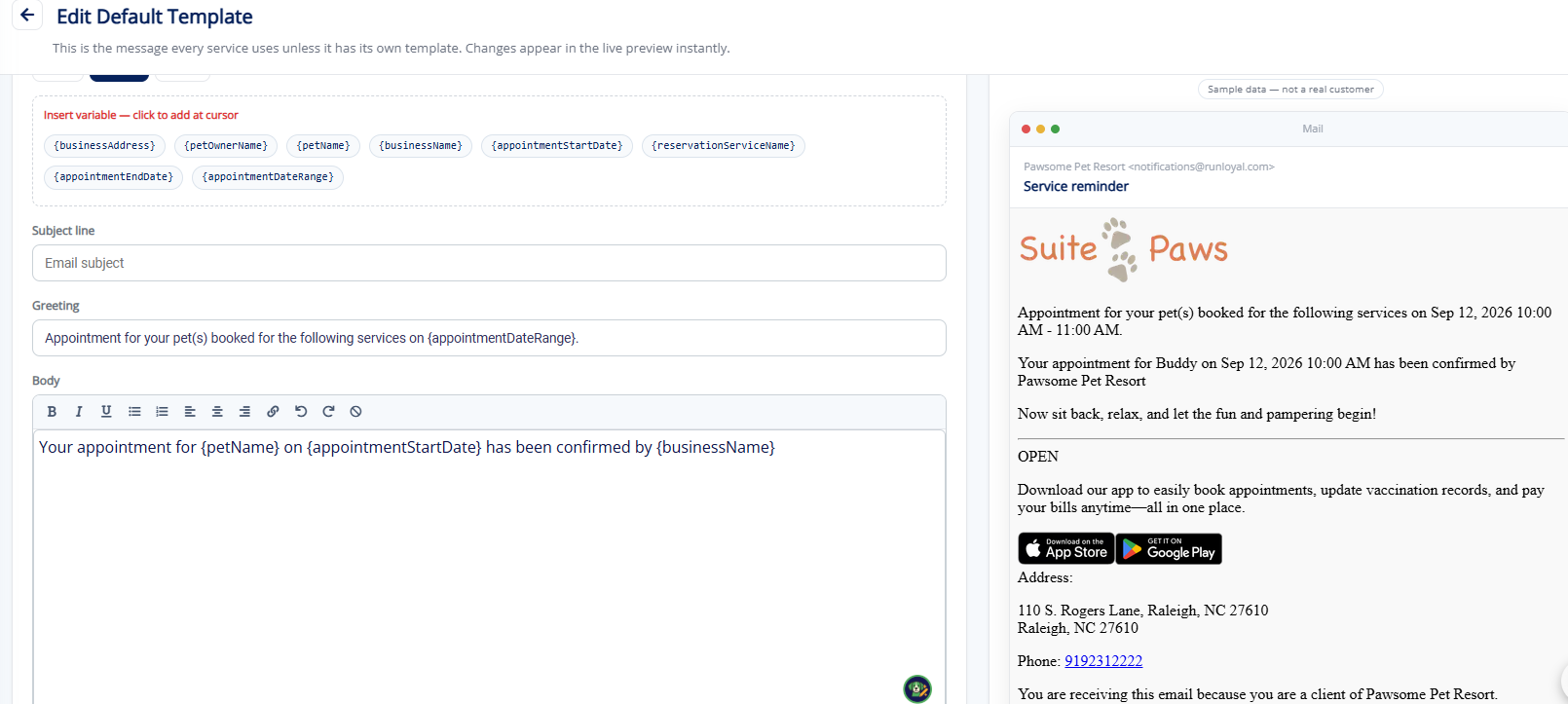 Custom notification template per service