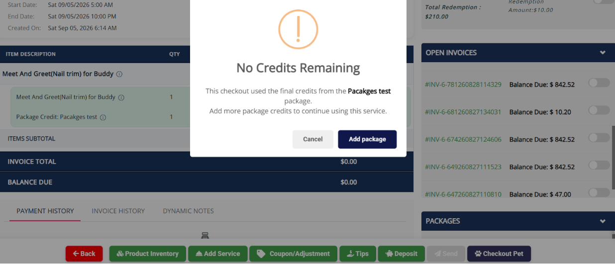 No Credits Remaining alert during checkout