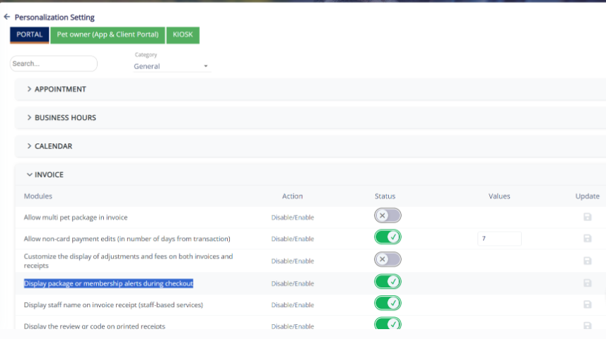 Display package or membership alerts setting