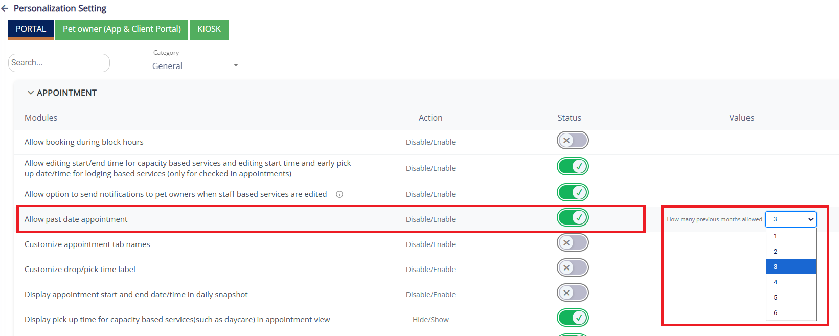 Allow past date appointments setting