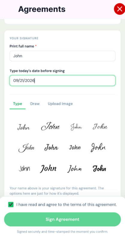 Agreements section with signing timestamp