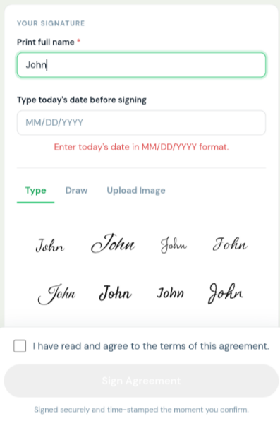 Agreement list view with signing date