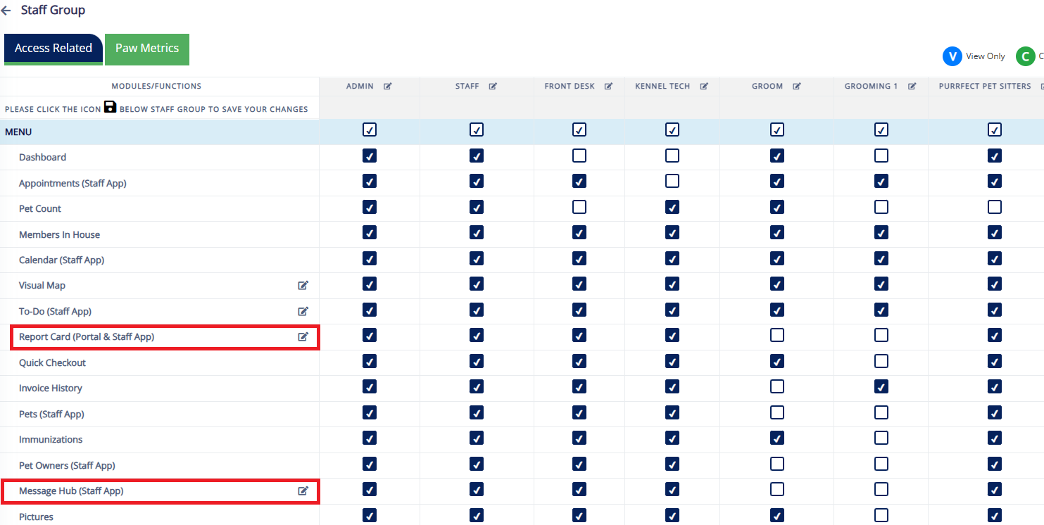 Staff Group access settings — Report Card