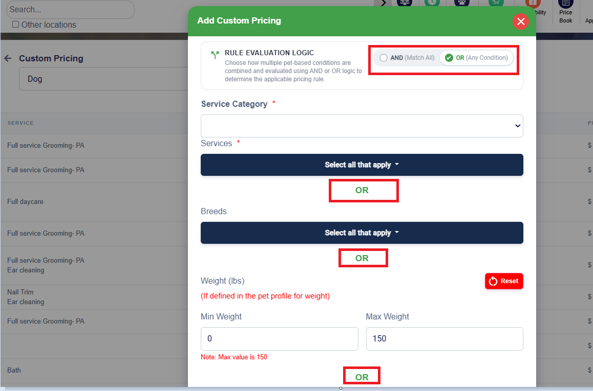 AND/OR condition logic in Custom Breed Pricing